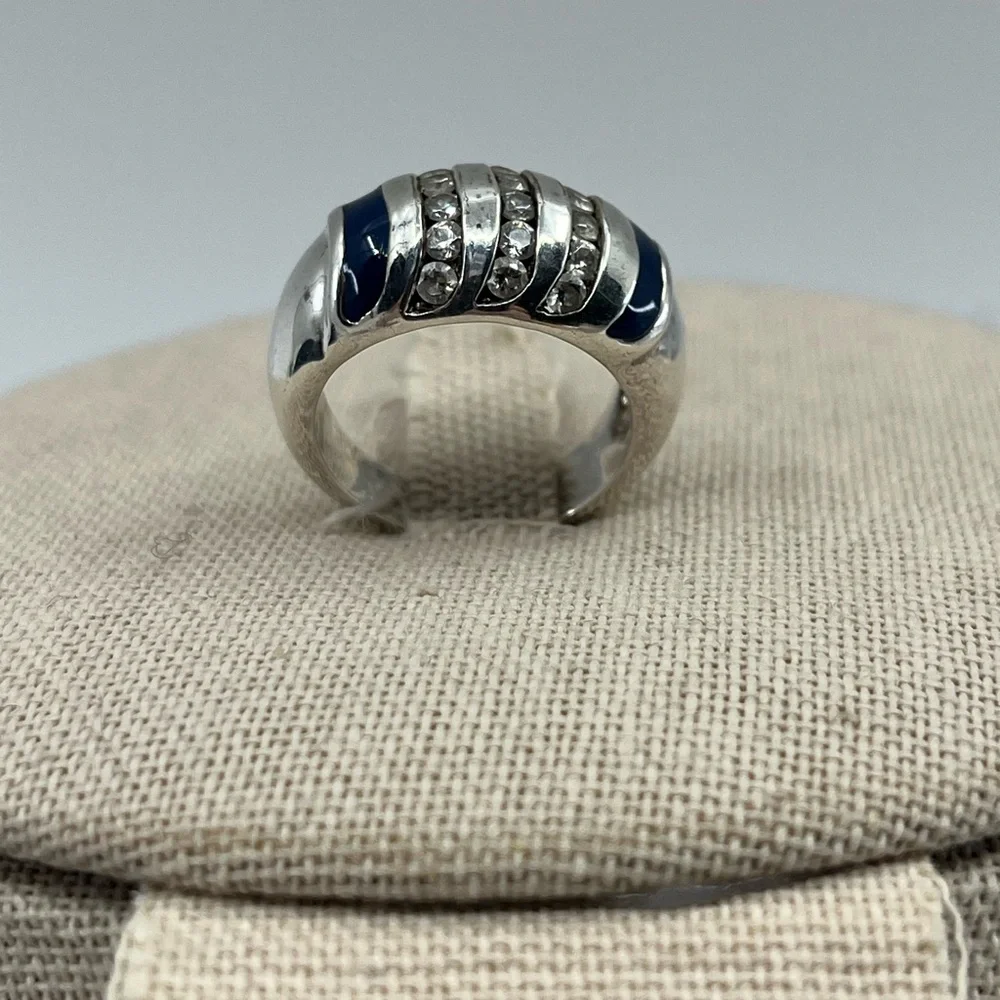 Vintage Sterling Silver Wide Band Ring with Enamel & CZ Accents Size 4.75